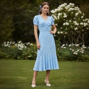 Halston Polka Dot Midi Dress - Ruched Bust Puff Sleeve Coquette Retro - Size 2